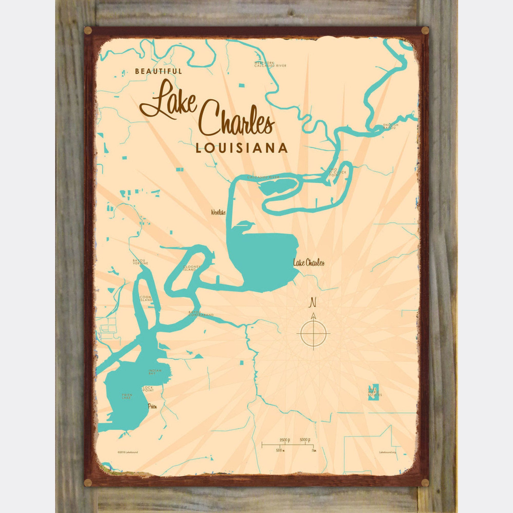 Lake Charles Louisiana, Wood-Mounted Rustic Metal Sign Map Art