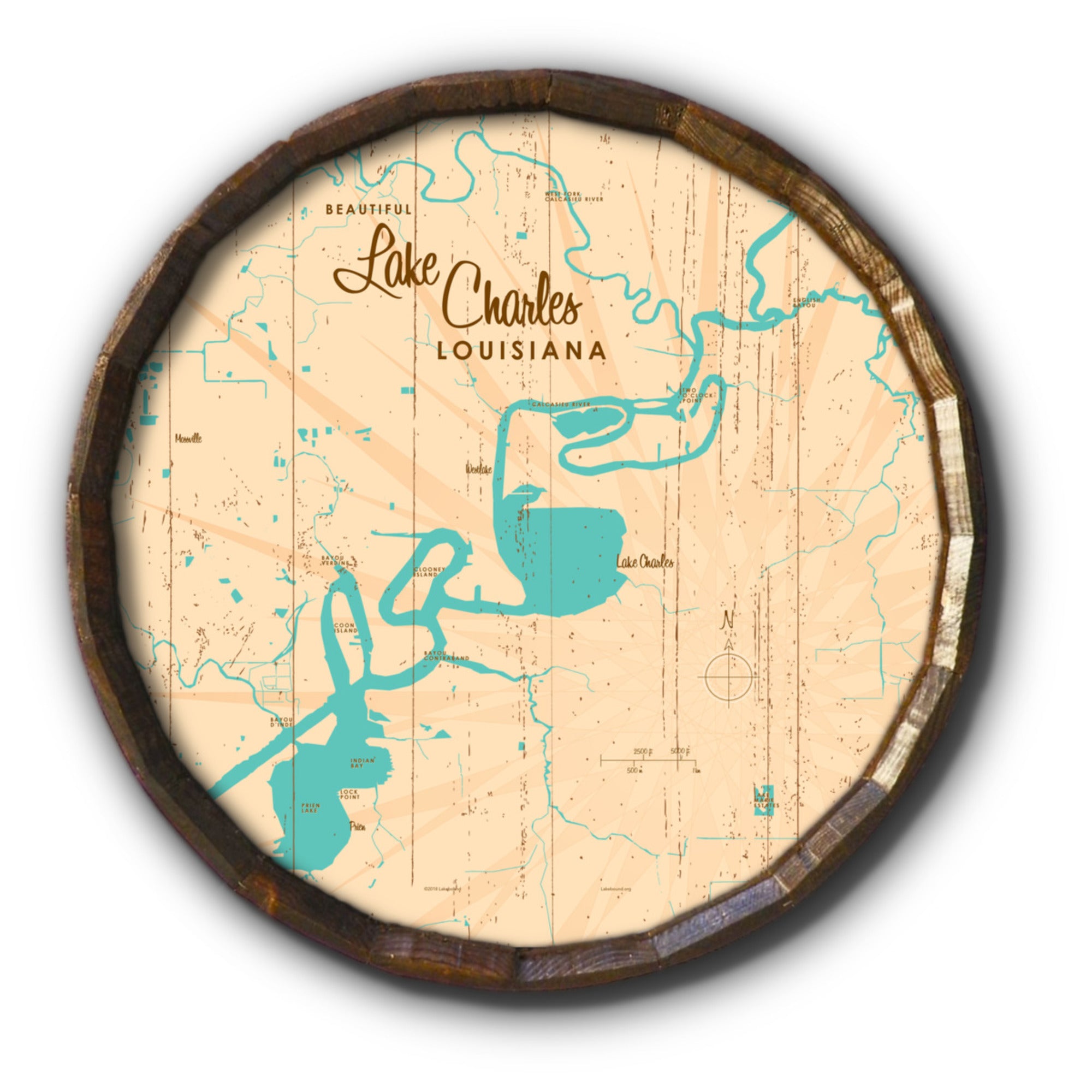 Lake Charles Louisiana, Rustic Barrel End Map Art