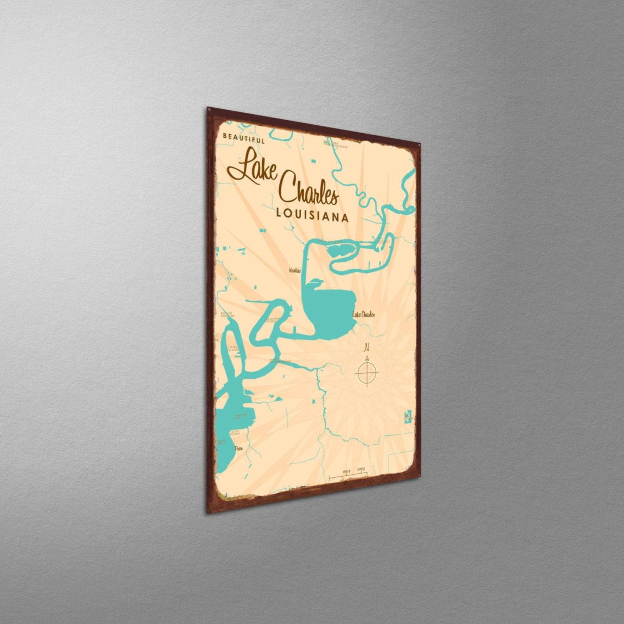 Lake Charles Louisiana, Rustic Metal Sign Map Art