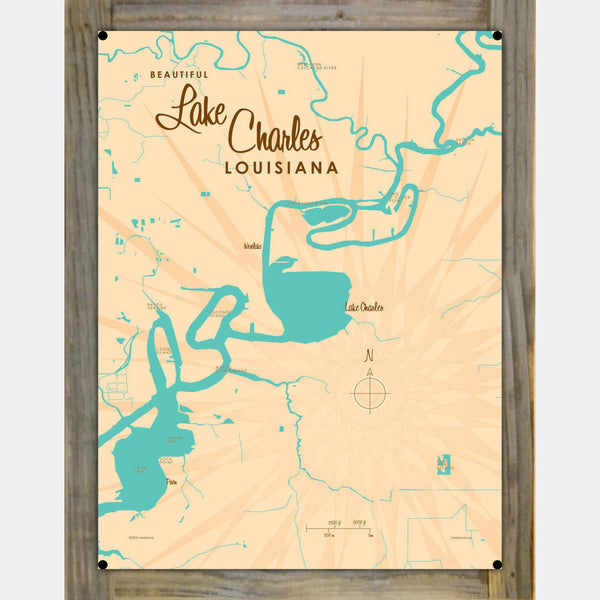 Lake Charles Louisiana, Wood-Mounted Metal Sign Map Art