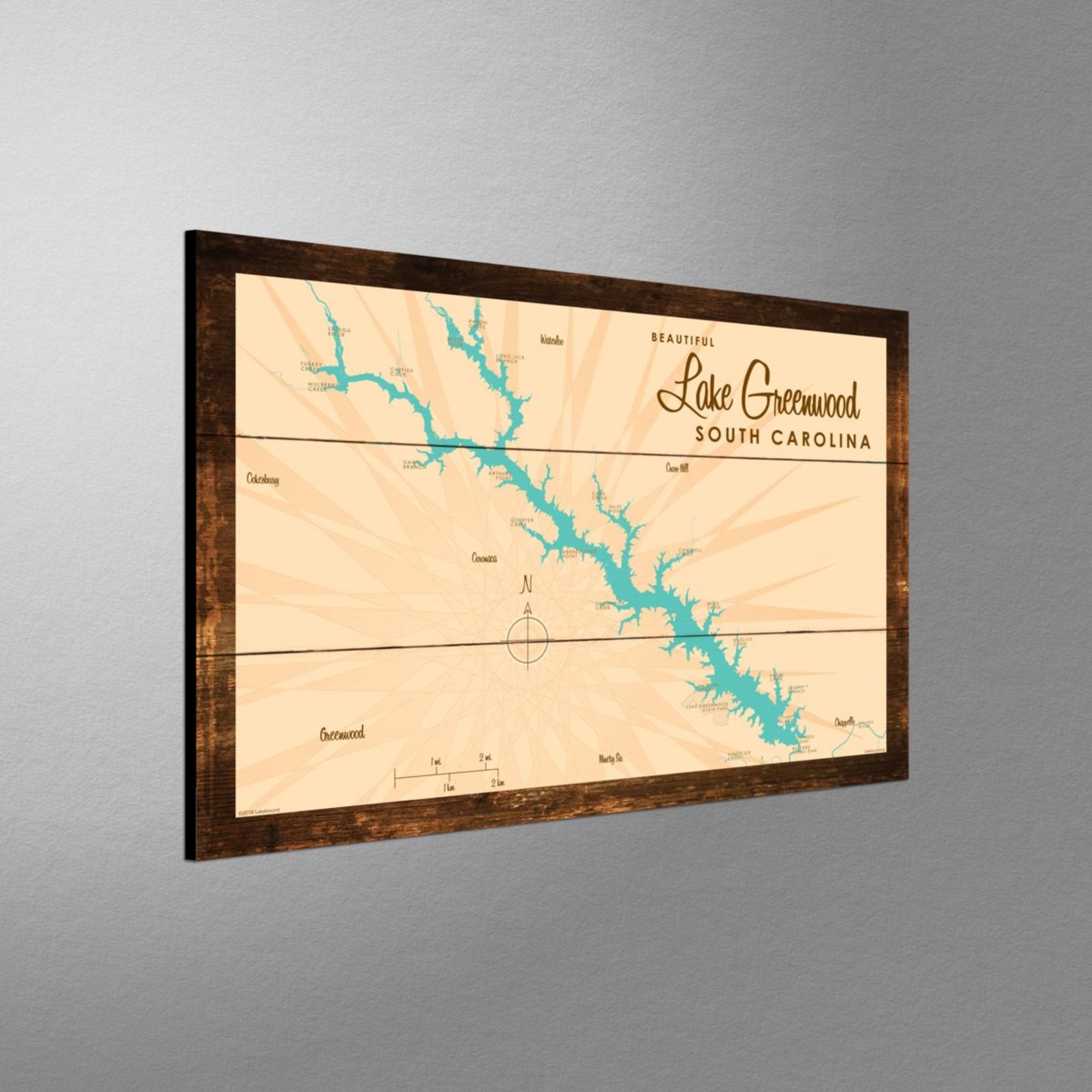 Lake Greenwood South Carolina, Rustic Wood Sign Map Art