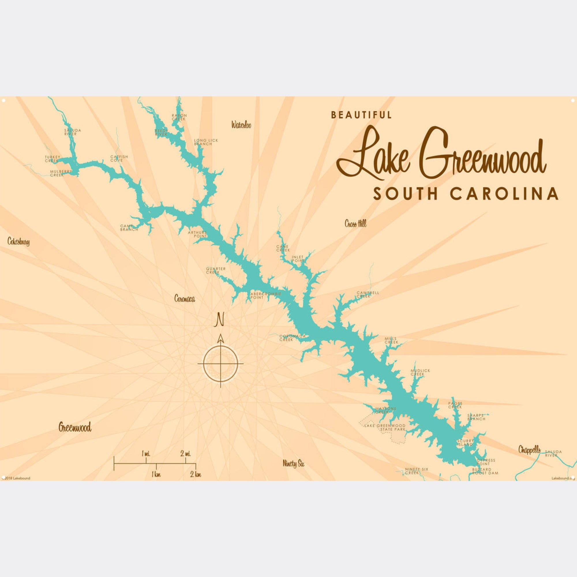 Lake Greenwood South Carolina, Metal Sign Map Art
