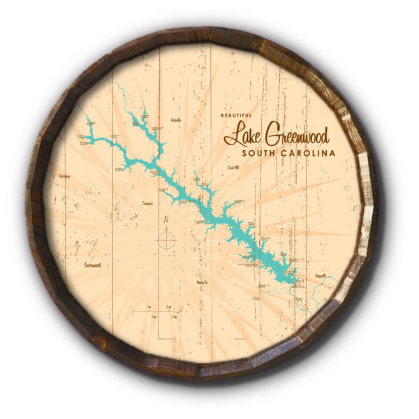 Lake Greenwood South Carolina, Rustic Barrel End Map Art