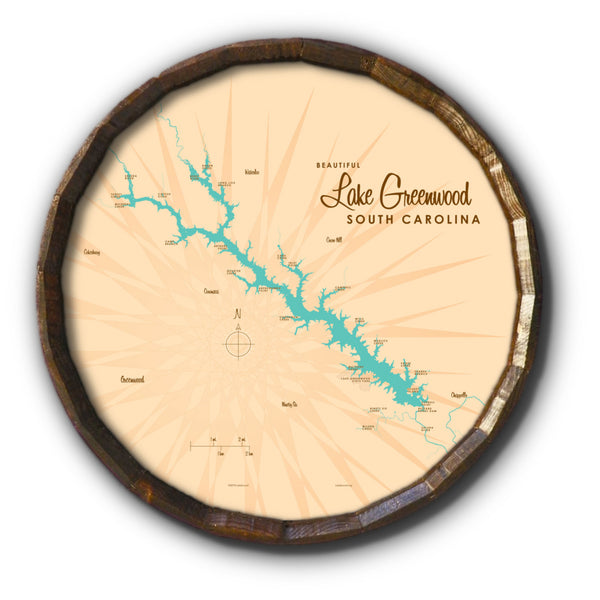 Lake Greenwood South Carolina, Barrel End Map Art
