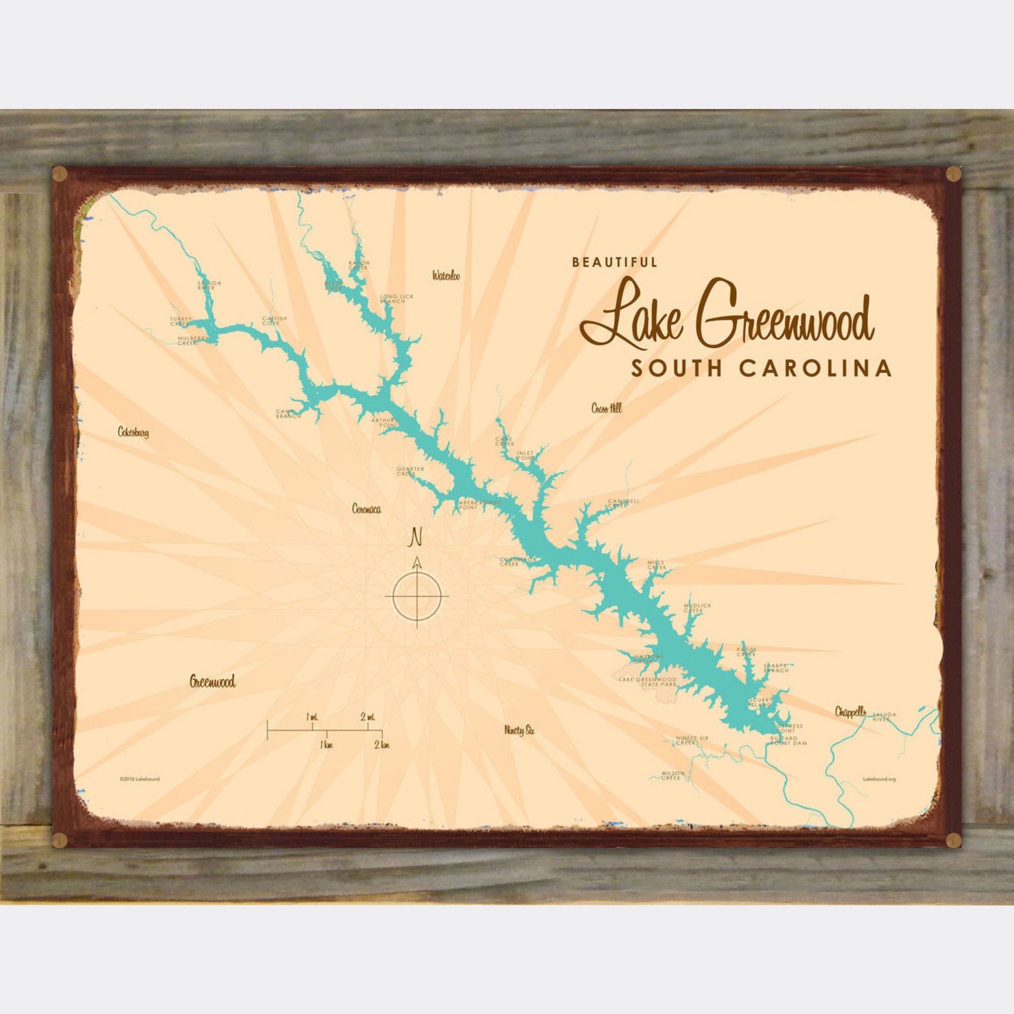 Lake Greenwood South Carolina, Wood-Mounted Rustic Metal Sign Map Art