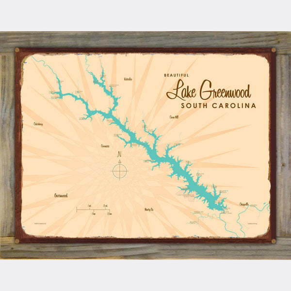 Lake Greenwood South Carolina, Wood-Mounted Rustic Metal Sign Map Art