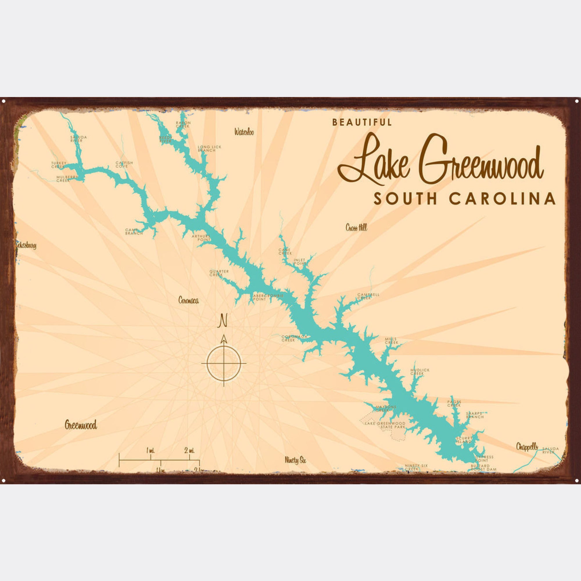 Lake Greenwood South Carolina, Rustic Metal Sign Map Art