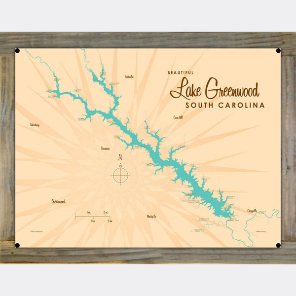 Lake Greenwood South Carolina, Wood-Mounted Metal Sign Map Art