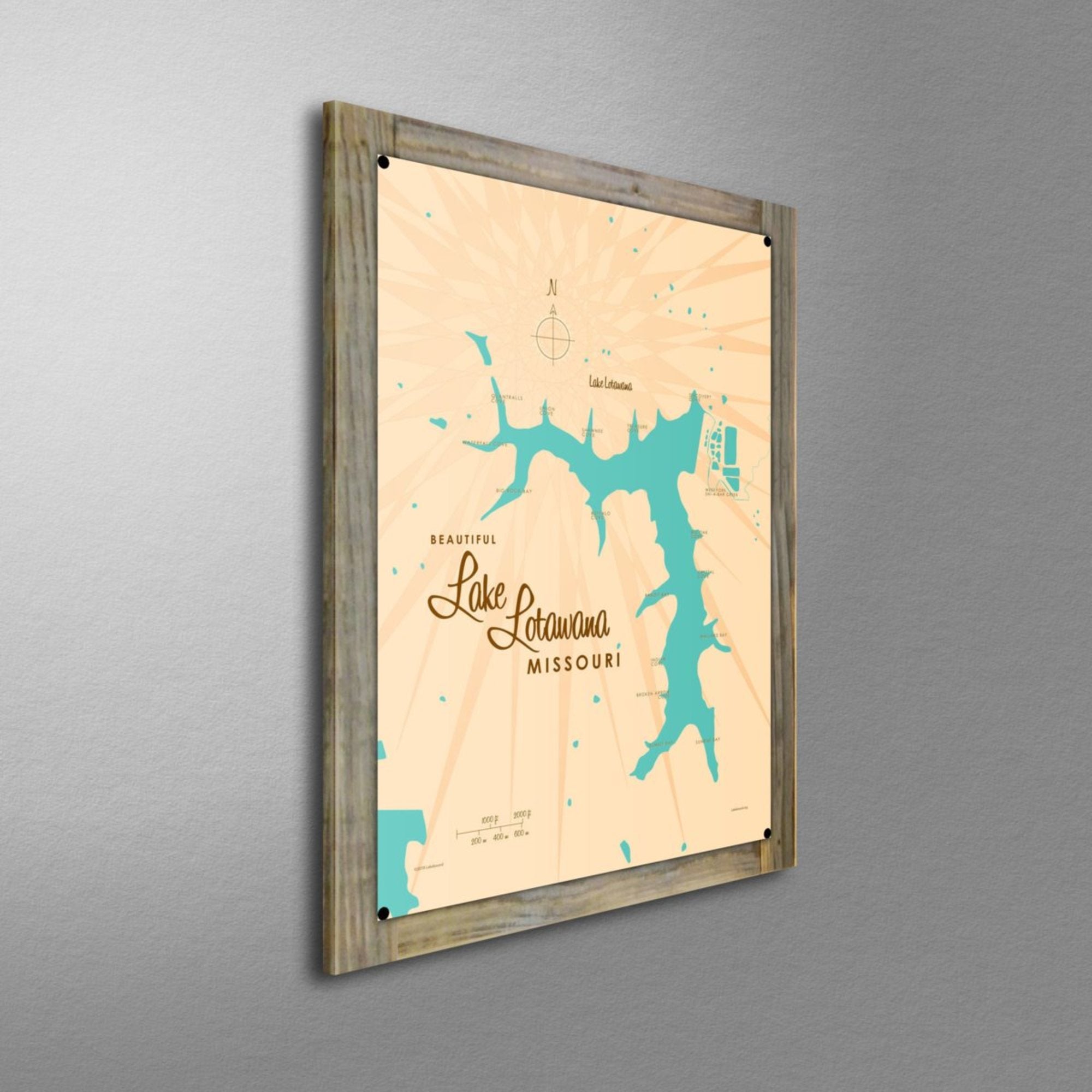 Lake Lotawana Missouri, Wood-Mounted Metal Sign Map Art