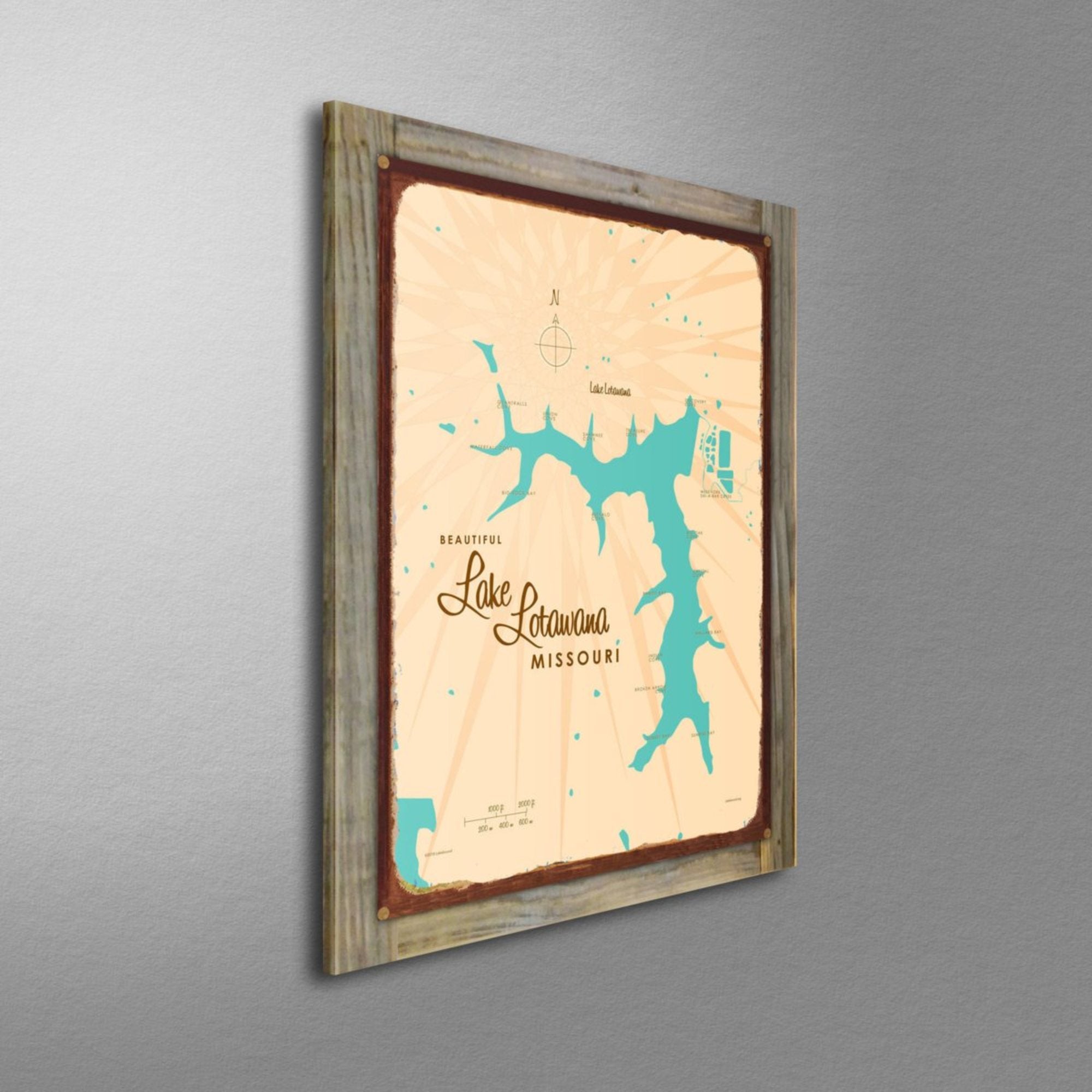 Lake Lotawana Missouri, Wood-Mounted Rustic Metal Sign Map Art