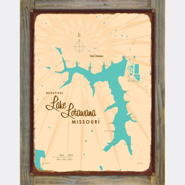 Lake Lotawana Missouri, Wood-Mounted Rustic Metal Sign Map Art