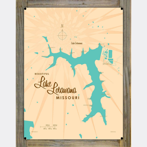 Lake Lotawana Missouri, Wood-Mounted Metal Sign Map Art