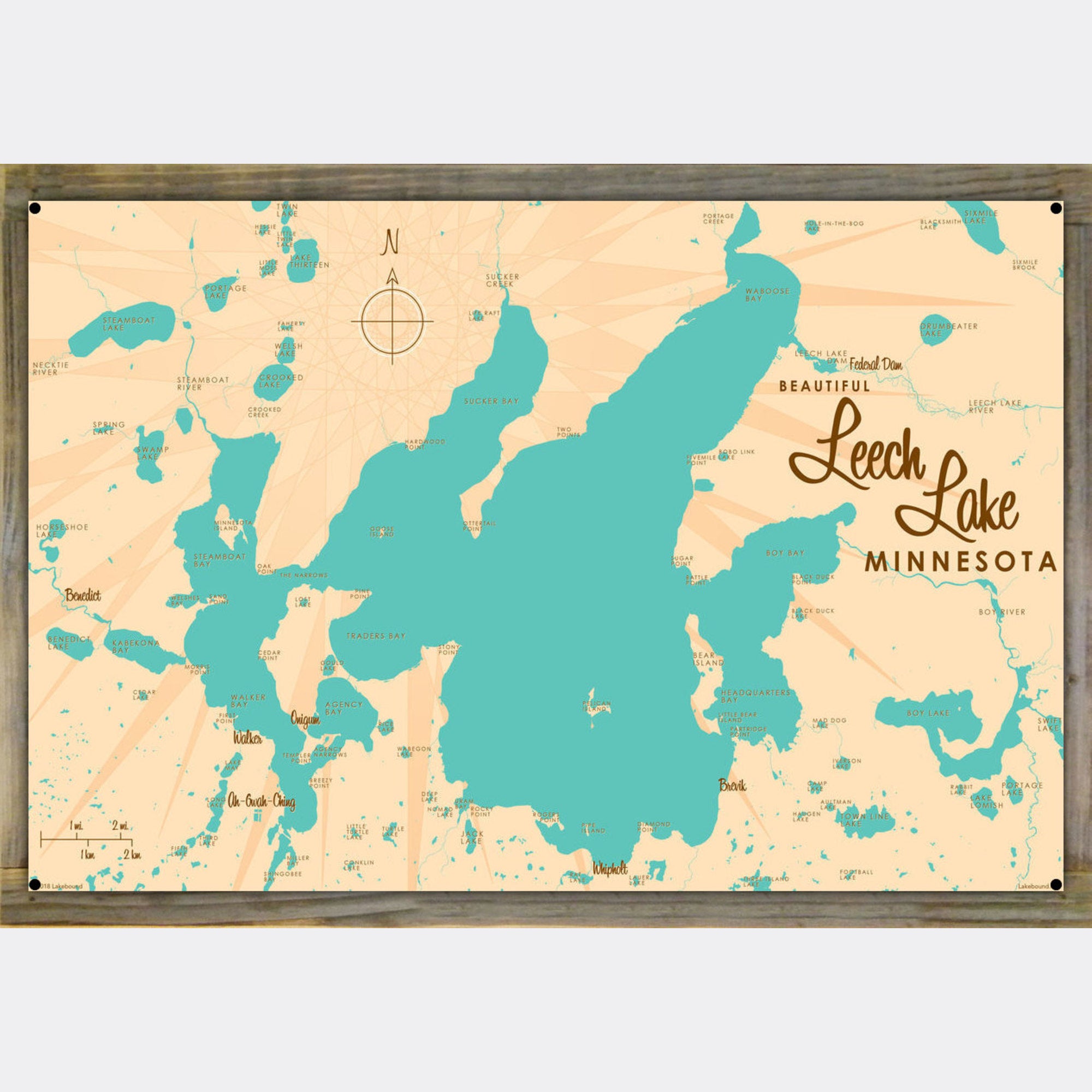 Leech Lake Minnesota, Wood-Mounted Metal Sign Map Art