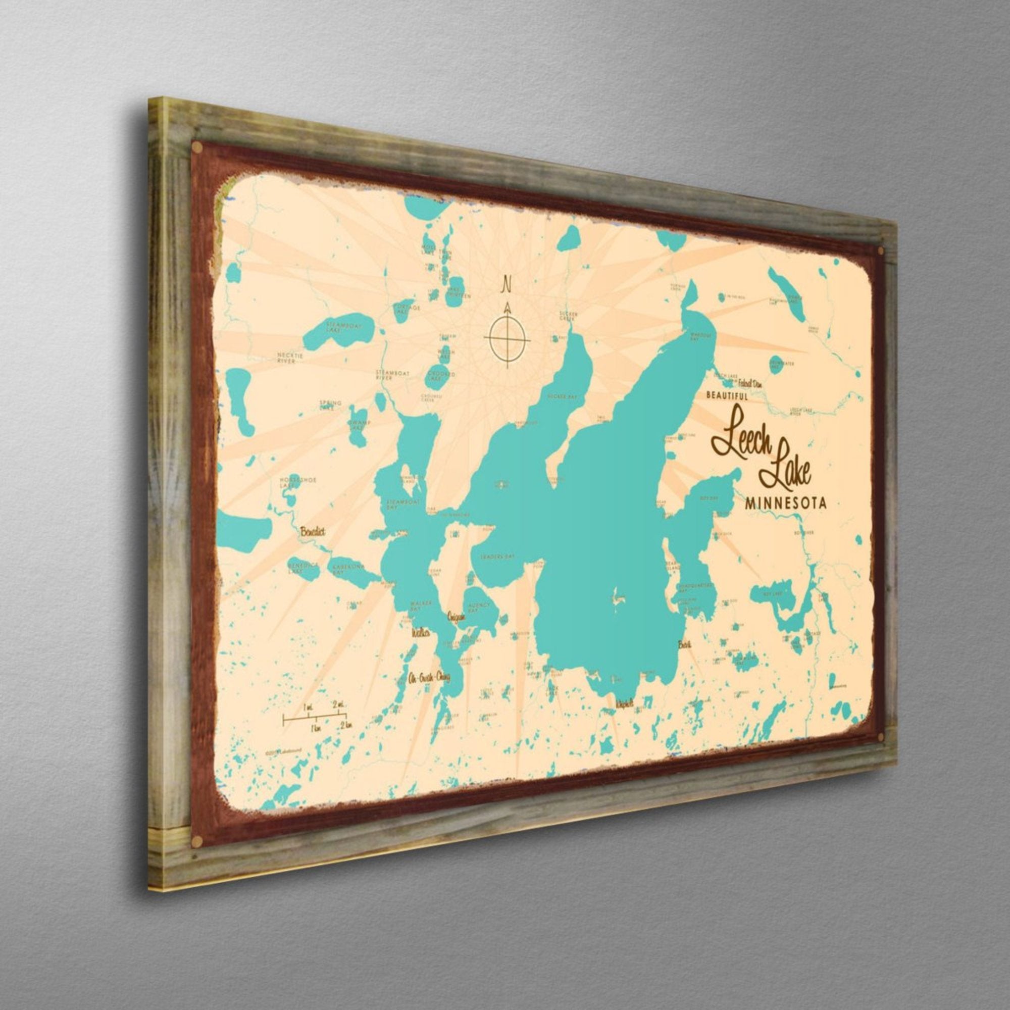 Leech Lake Minnesota, Wood-Mounted Rustic Metal Sign Map Art