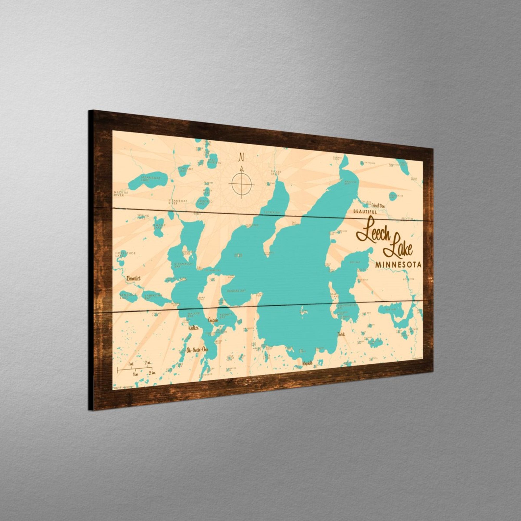 Leech Lake Minnesota, Rustic Wood Sign Map Art