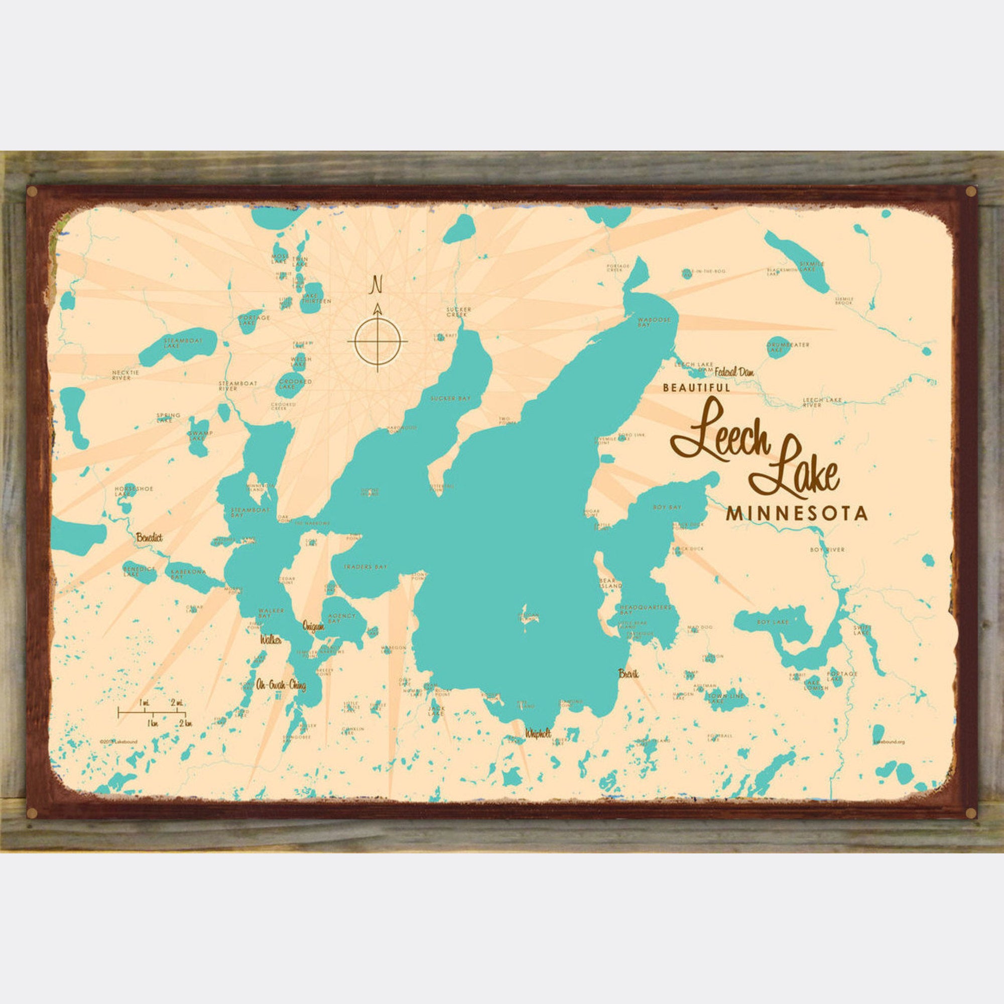 Leech Lake Minnesota, Wood-Mounted Rustic Metal Sign Map Art