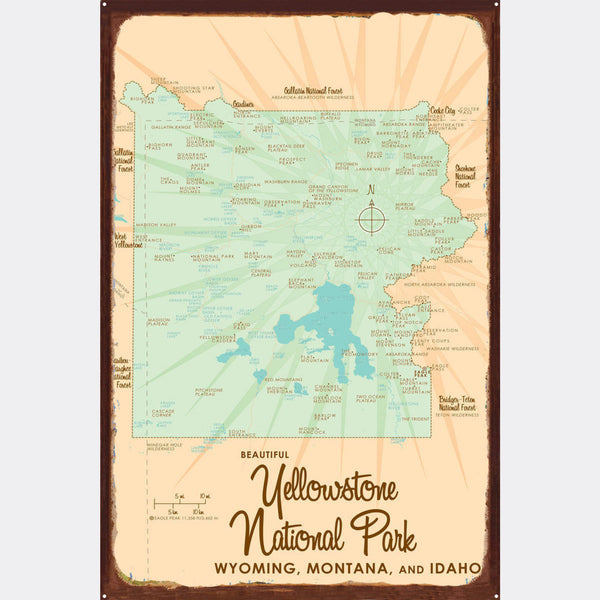 Yellowstone National Park, Rustic Metal Sign Map Art