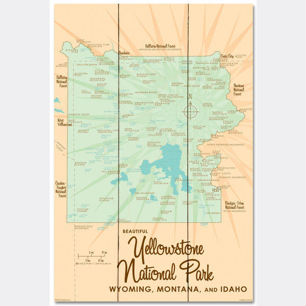 Yellowstone National Park WY MT Idaho, Wood Sign Map Art