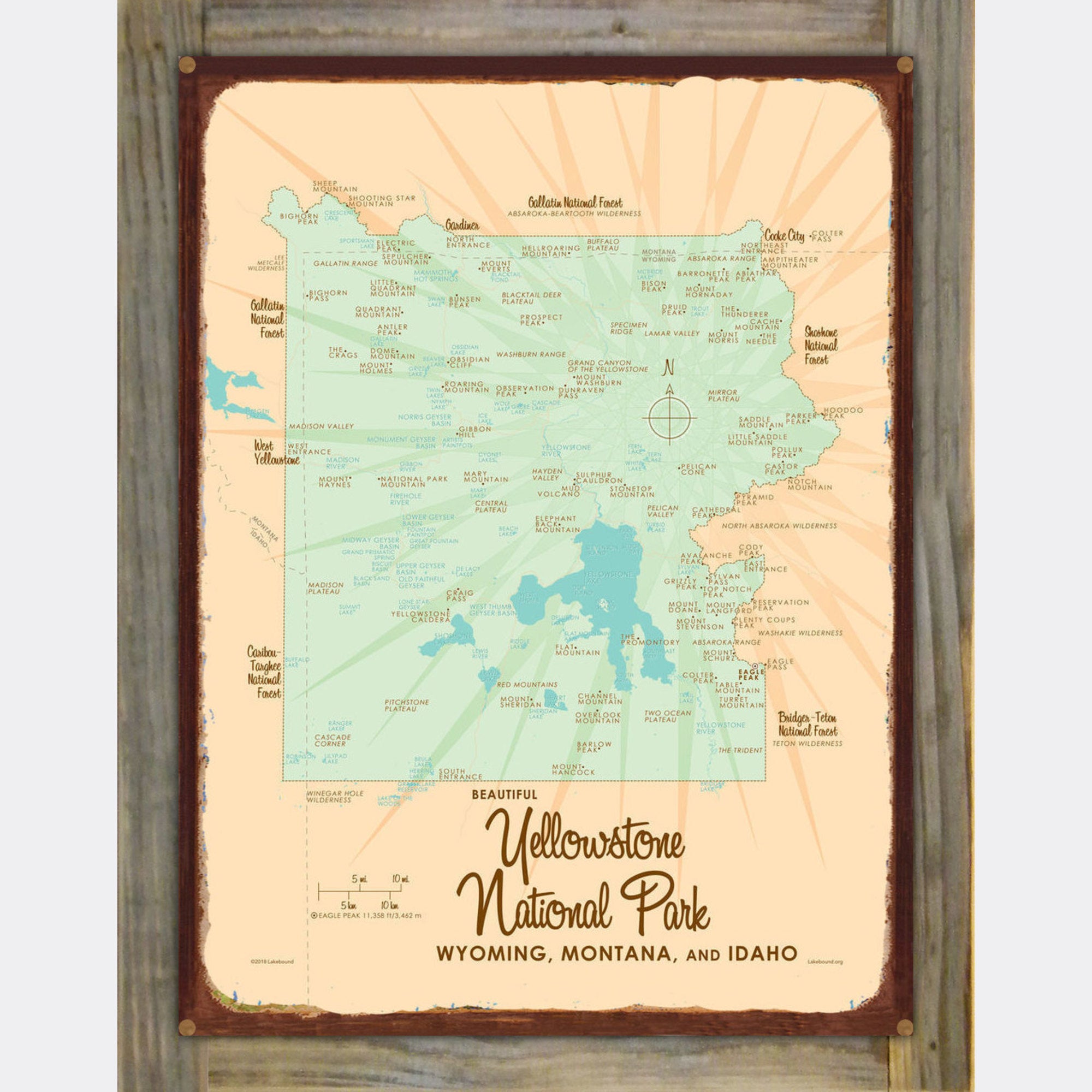 Yellowstone National Park, Wood-Mounted Rustic Metal Sign Map Art