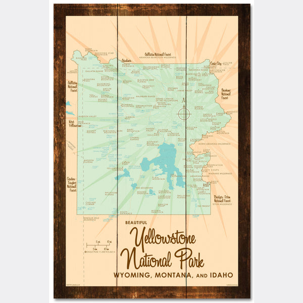 Yellowstone National Park WY MT Idaho, Rustic Wood Sign Map Art