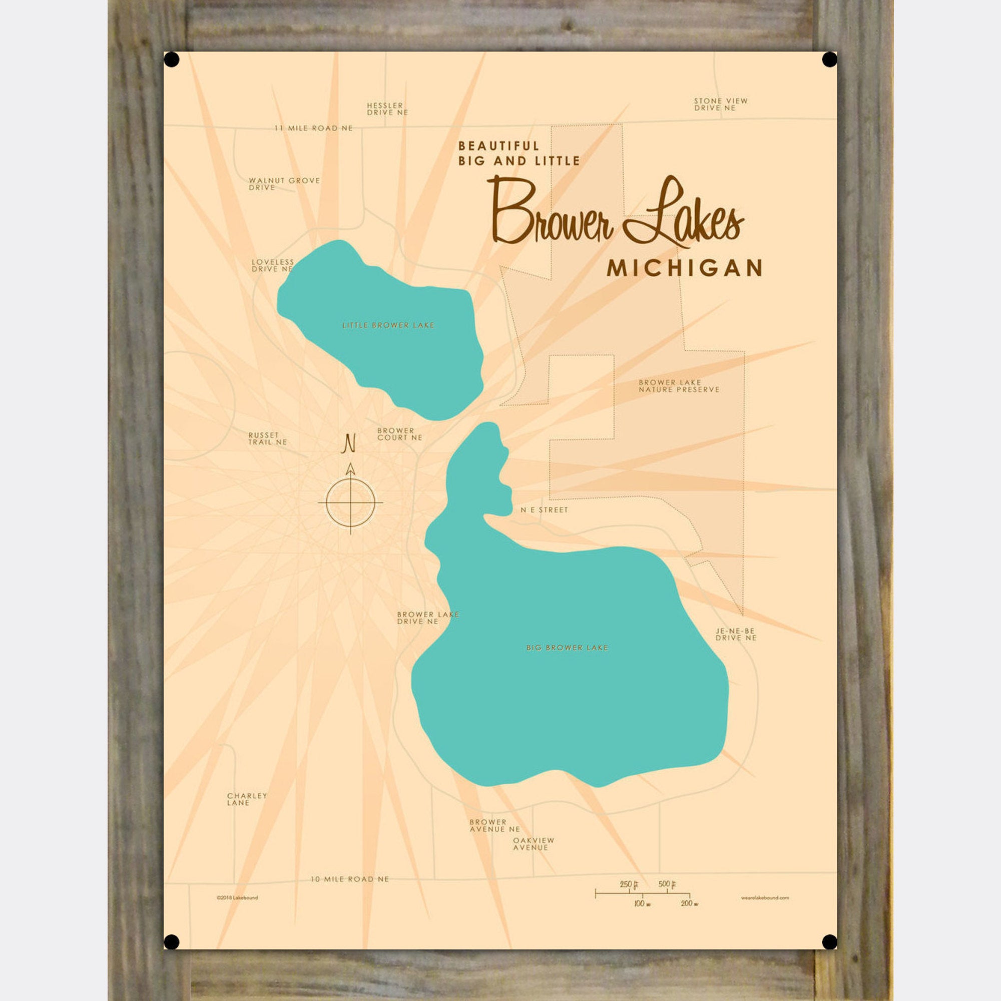 Big and Little Brower Lakes Michigan, Wood-Mounted Metal Sign Map Art