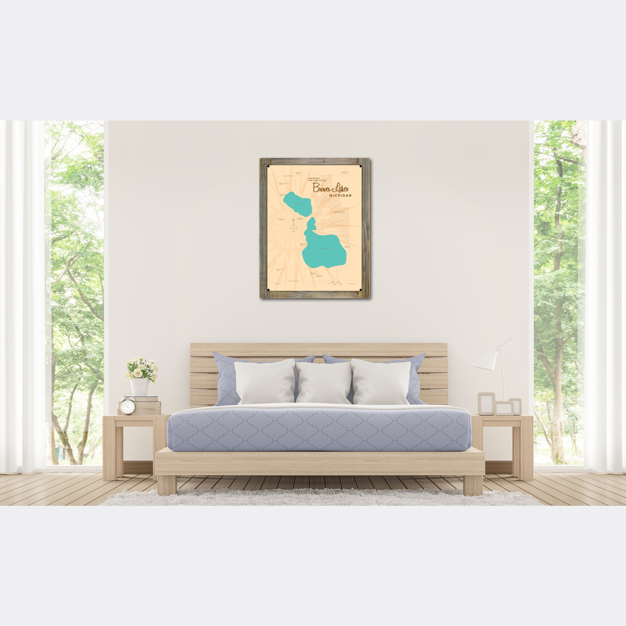 Big and Little Brower Lakes Michigan, Wood-Mounted Metal Sign Map Art