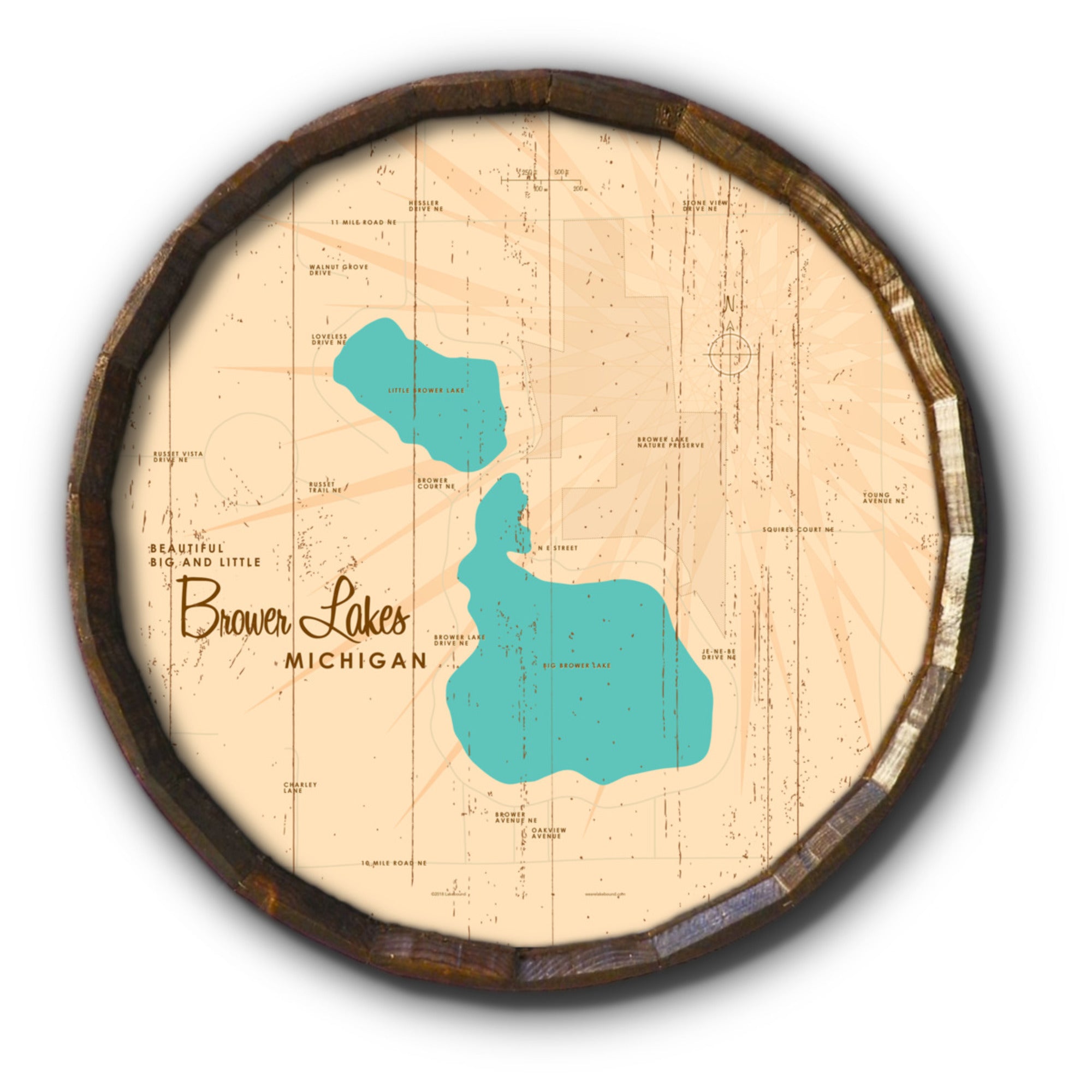 Big and Little Brower Lakes Michigan, Rustic Barrel End Map Art