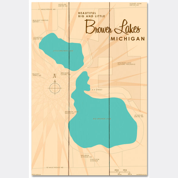 Big and Little Brower Lakes Michigan, Wood Sign Map Art