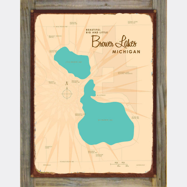 Big and Little Brower Lakes Michigan, Wood-Mounted Rustic Metal Sign Map Art