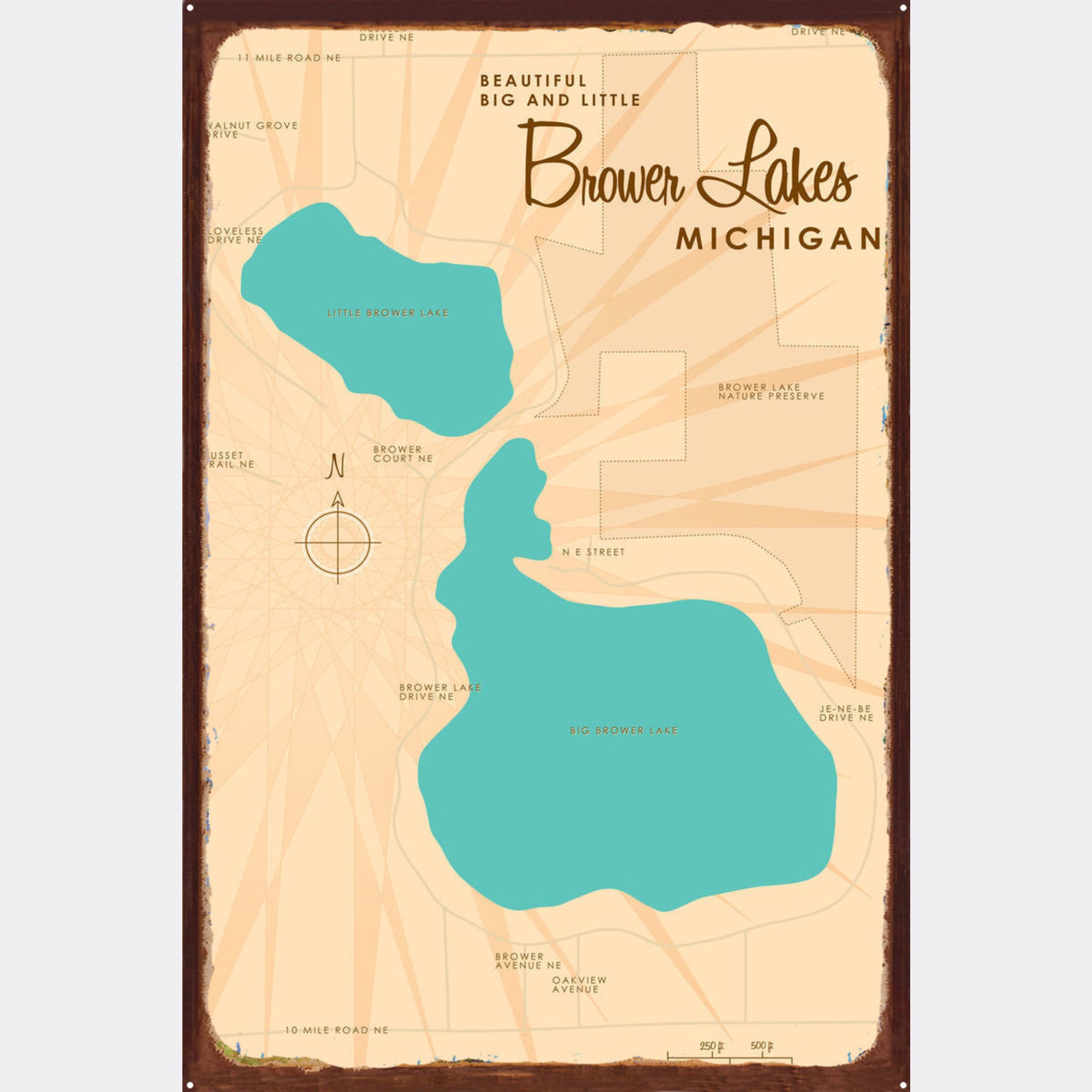 Big and Little Brower Lakes Michigan, Rustic Metal Sign Map Art