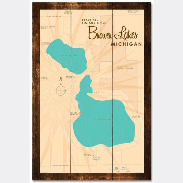 Big and Little Brower Lakes Michigan, Rustic Wood Sign Map Art