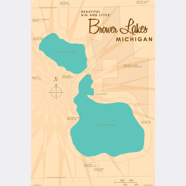 Big and Little Brower Lakes Michigan, Metal Sign Map Art