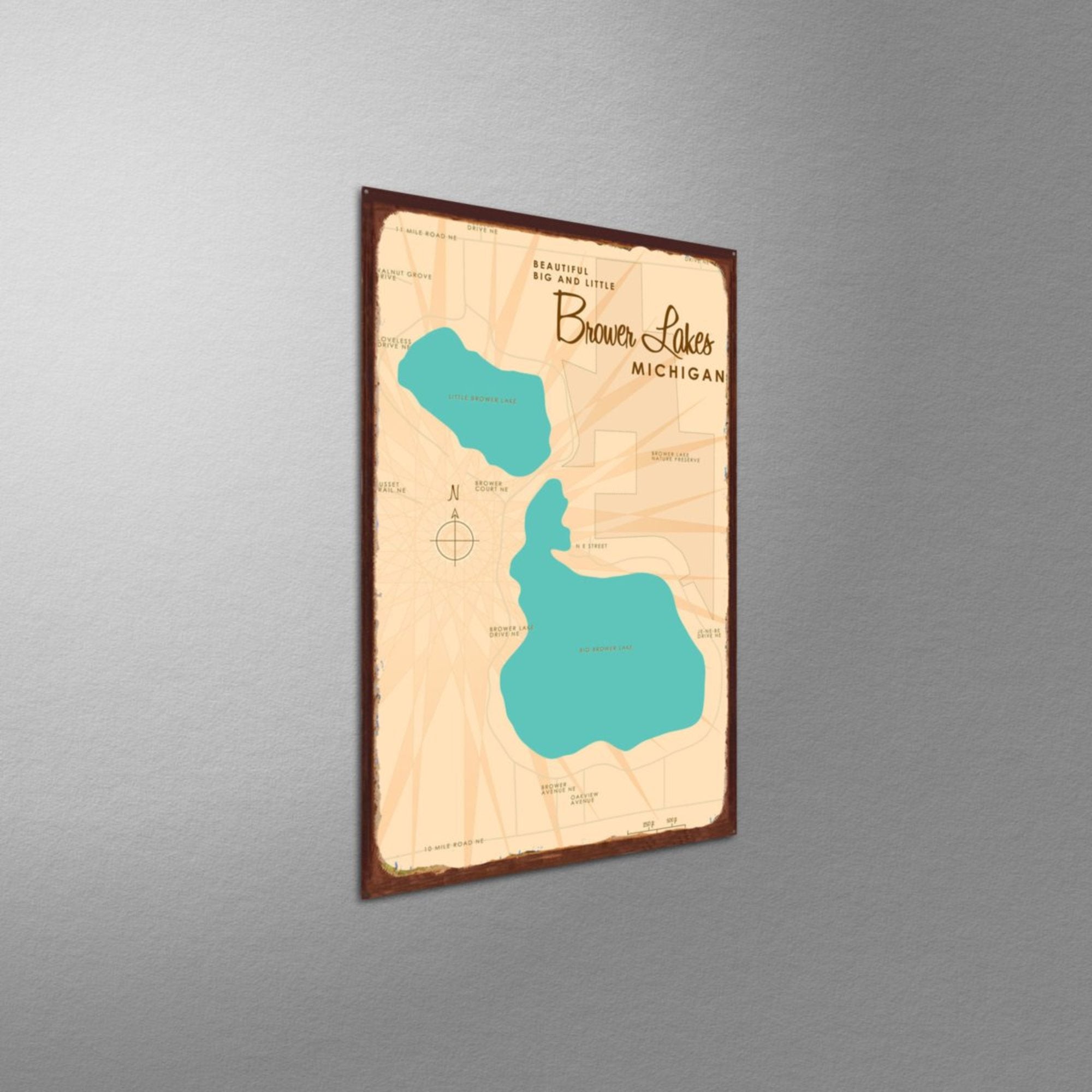Big and Little Brower Lakes Michigan, Rustic Metal Sign Map Art