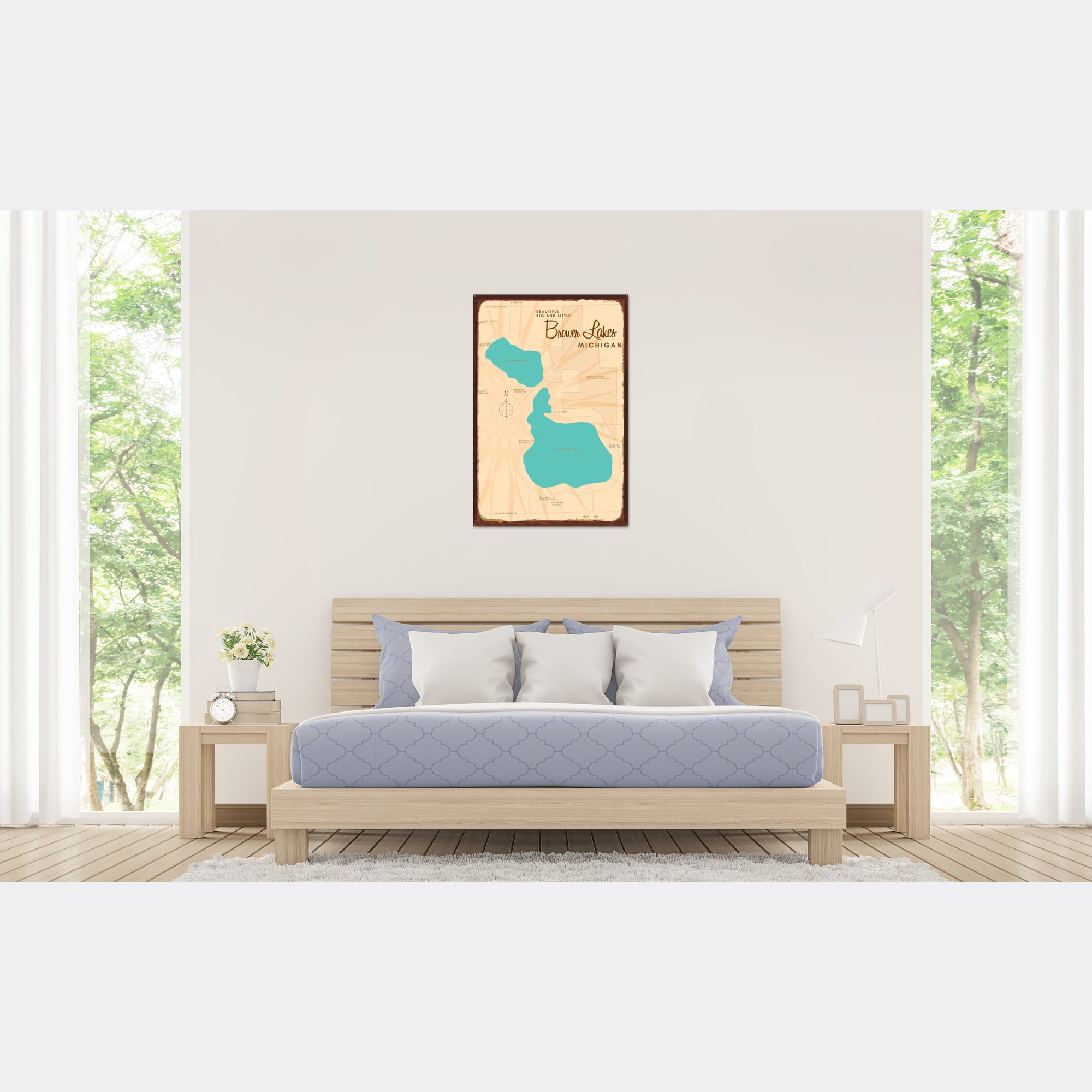 Big and Little Brower Lakes Michigan, Rustic Metal Sign Map Art