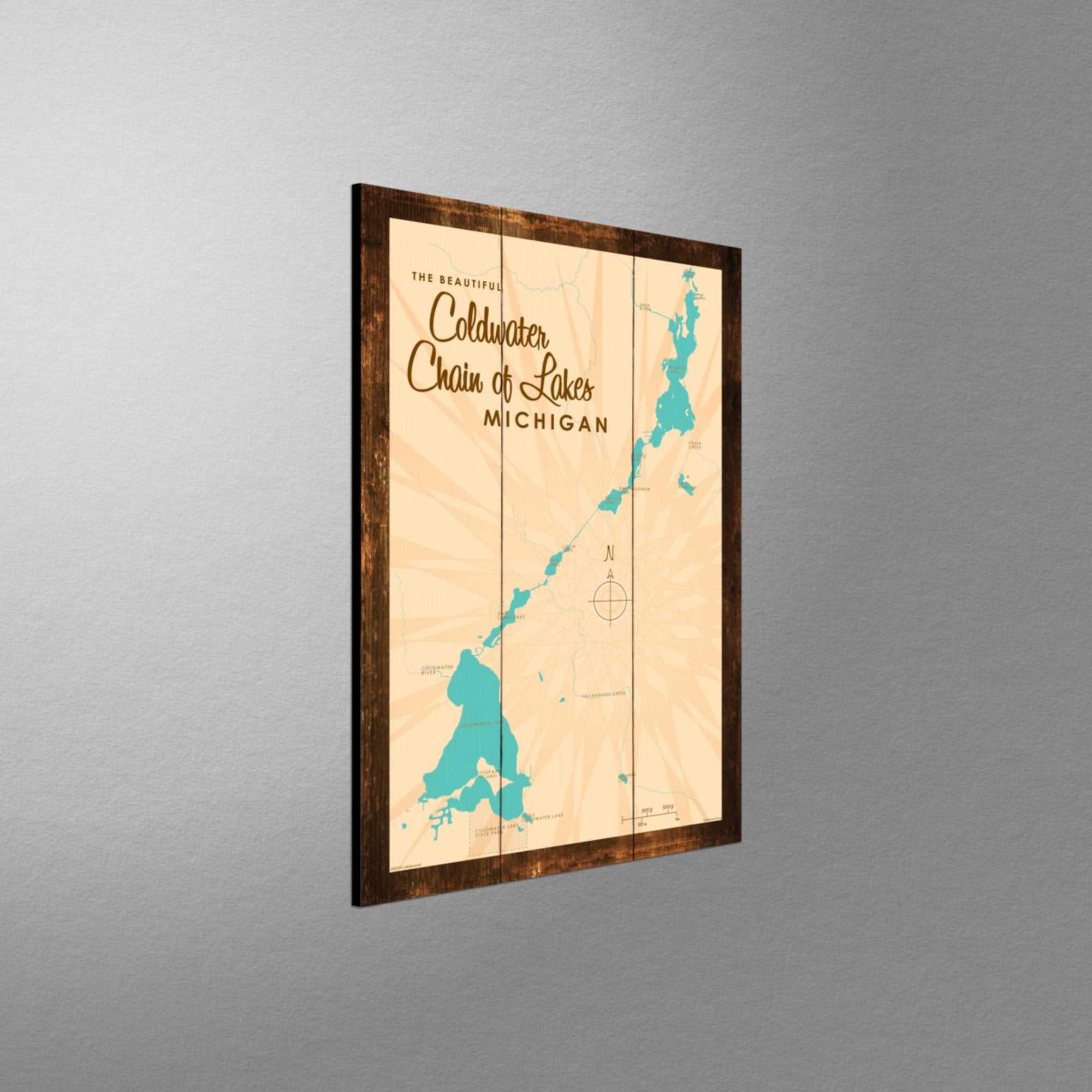 Coldwater Chain of Lakes Michigan, Rustic Wood Sign Map Art