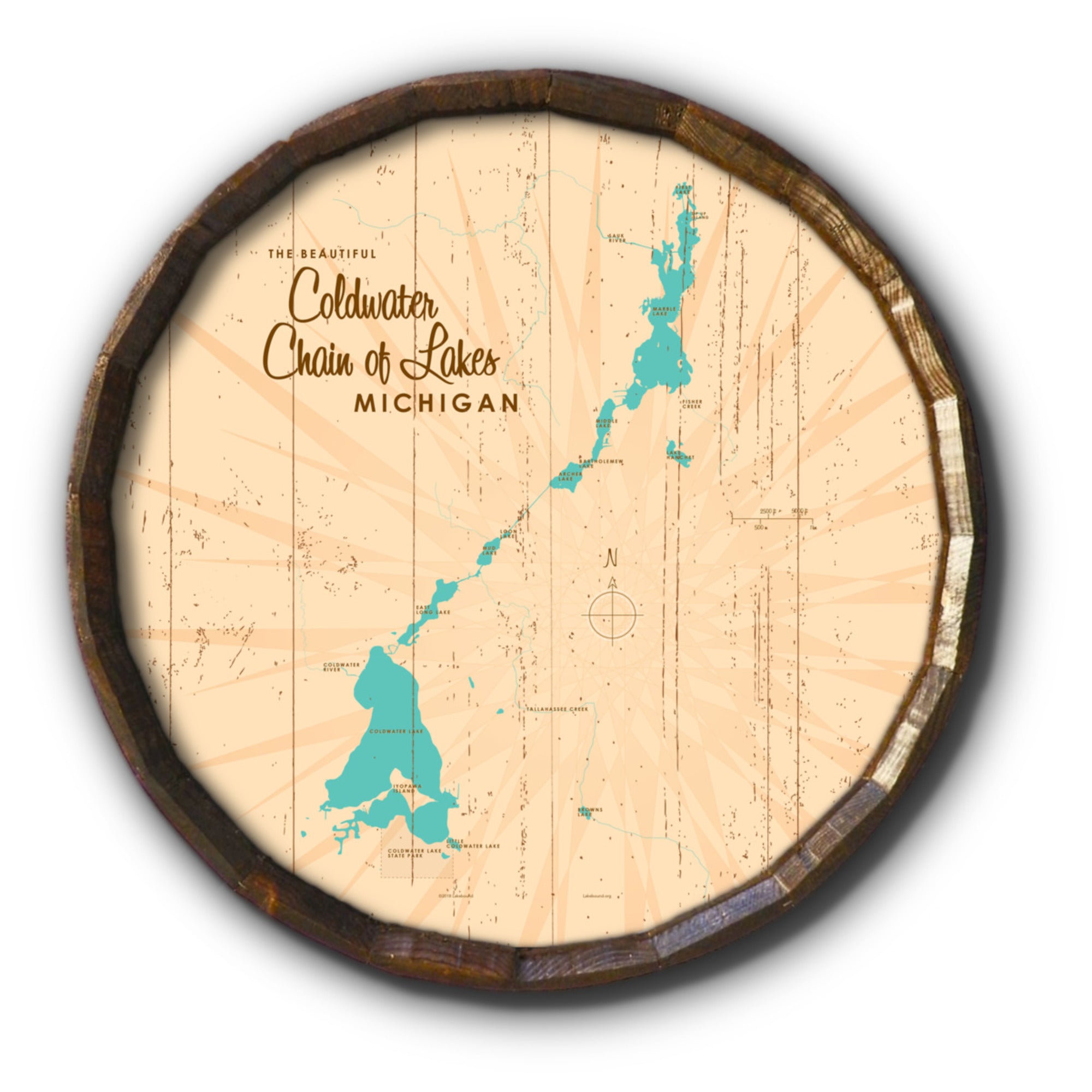 Coldwater Chain of Lakes Michigan, Rustic Barrel End Map Art