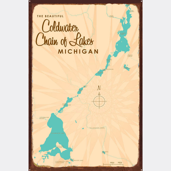 Coldwater Chain of Lakes Michigan, Rustic Metal Sign Map Art