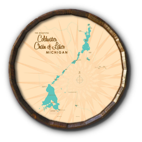Coldwater Chain of Lakes Michigan, Barrel End Map Art