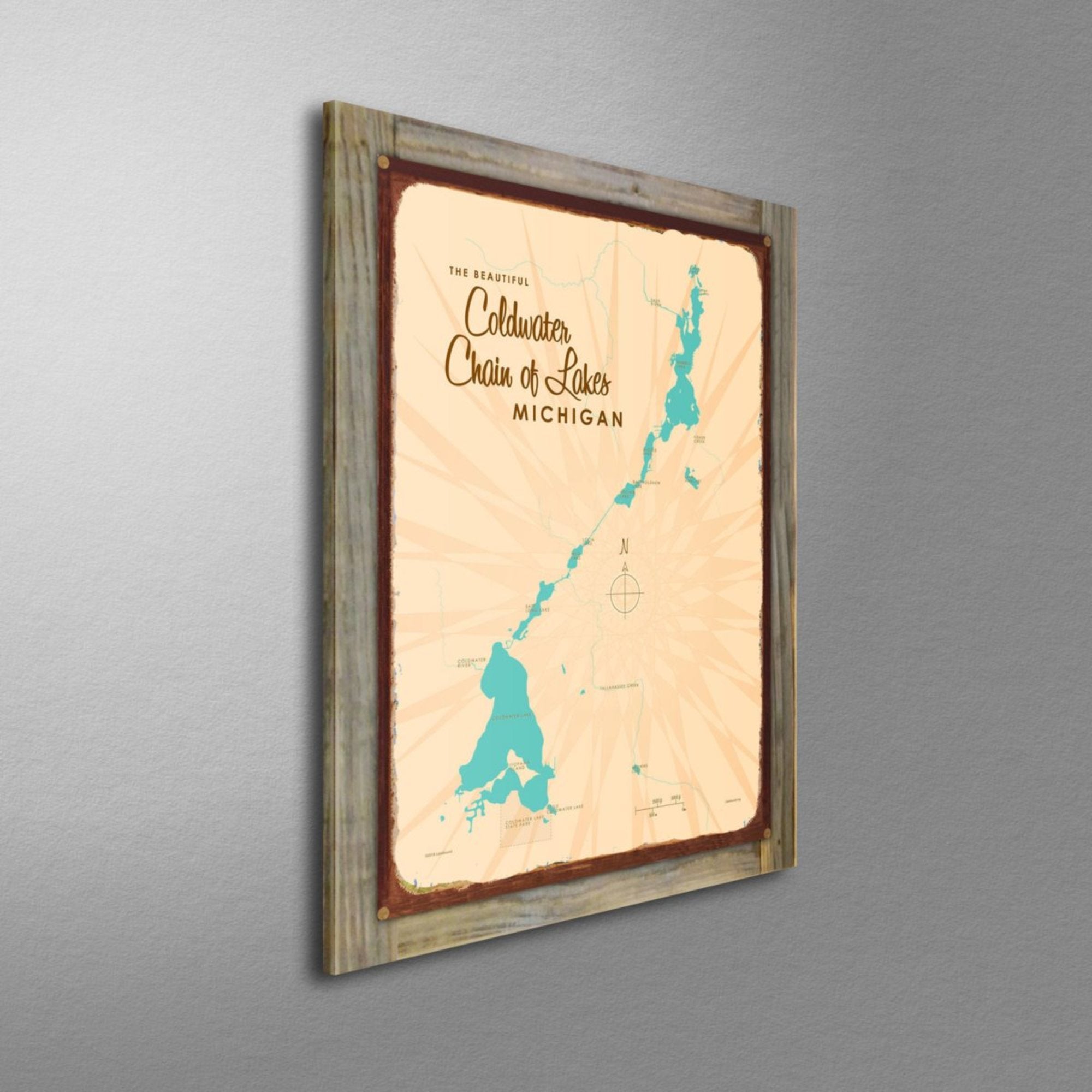 Coldwater Chain of Lakes Michigan, Wood-Mounted Rustic Metal Sign Map Art