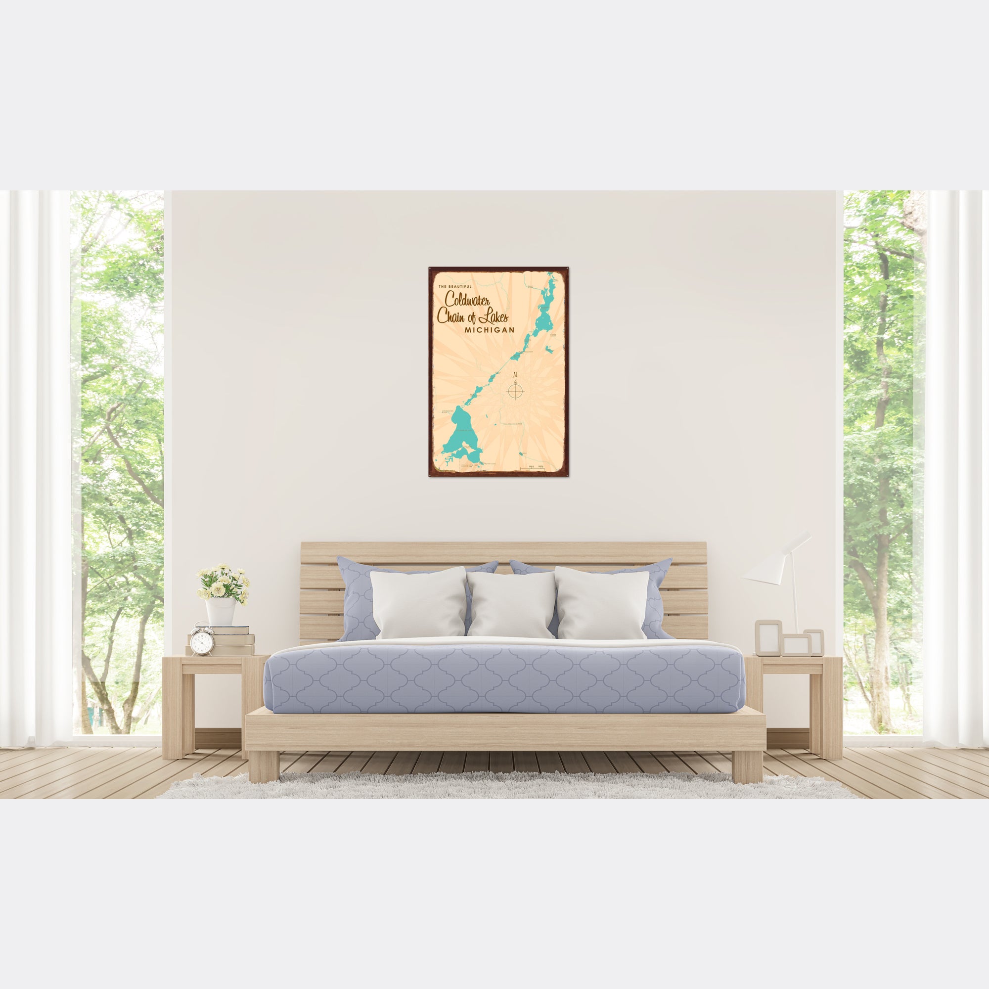 Coldwater Chain of Lakes Michigan, Rustic Metal Sign Map Art