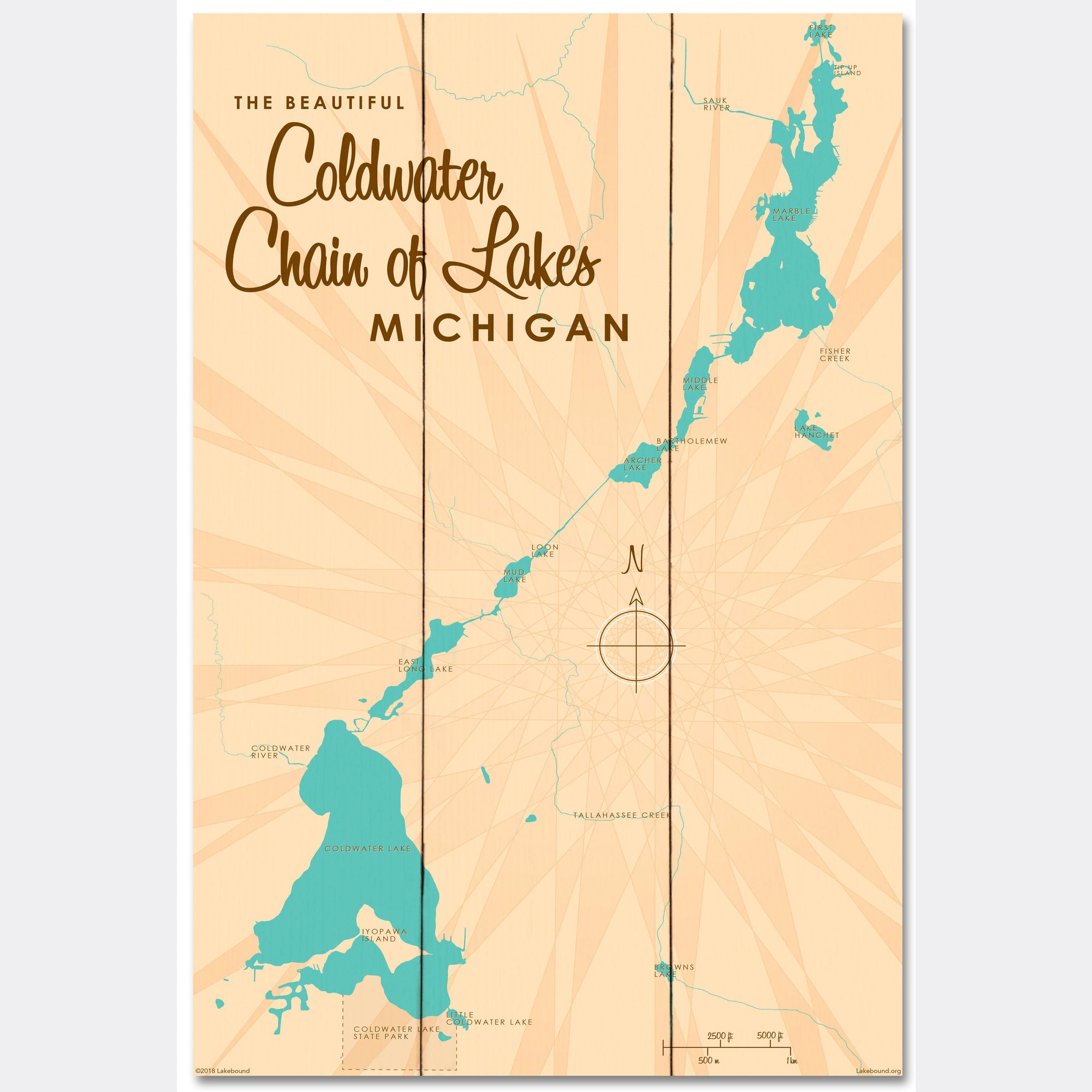 Coldwater Chain of Lakes Michigan, Wood Sign Map Art