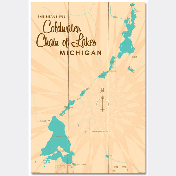 Coldwater Chain of Lakes Michigan, Wood Sign Map Art