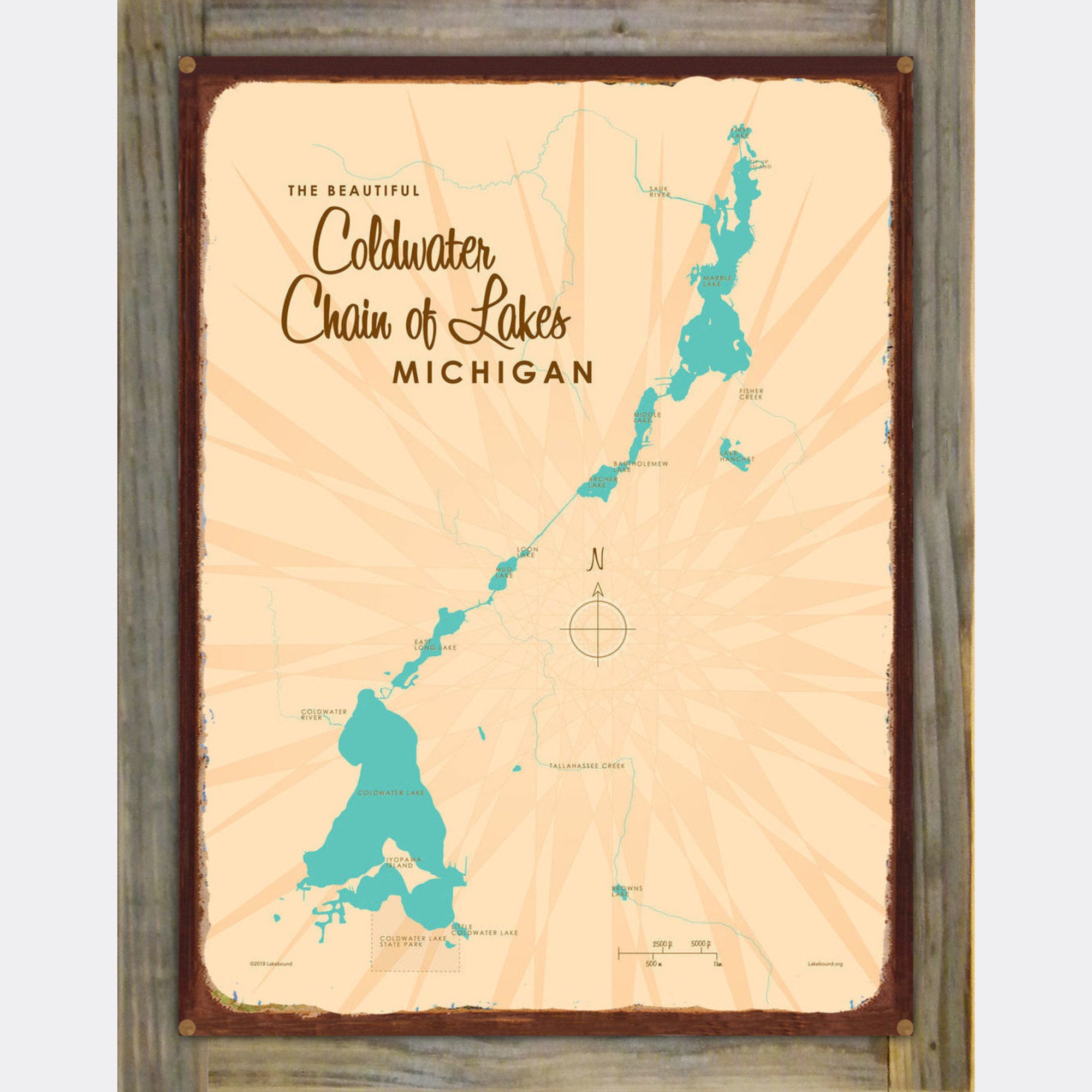 Coldwater Chain of Lakes Michigan, Wood-Mounted Rustic Metal Sign Map Art