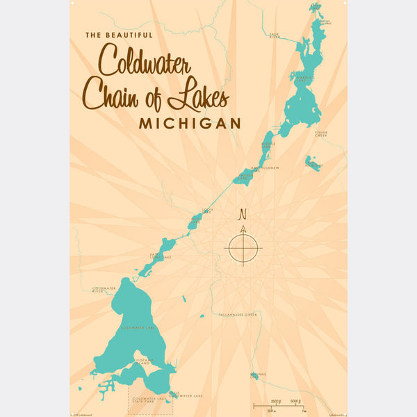 Coldwater Chain of Lakes Michigan, Metal Sign Map Art