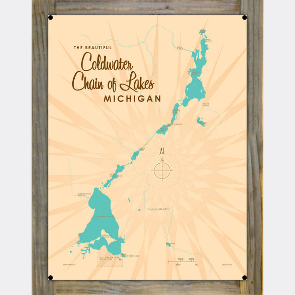 Coldwater Chain of Lakes Michigan, Wood-Mounted Metal Sign Map Art