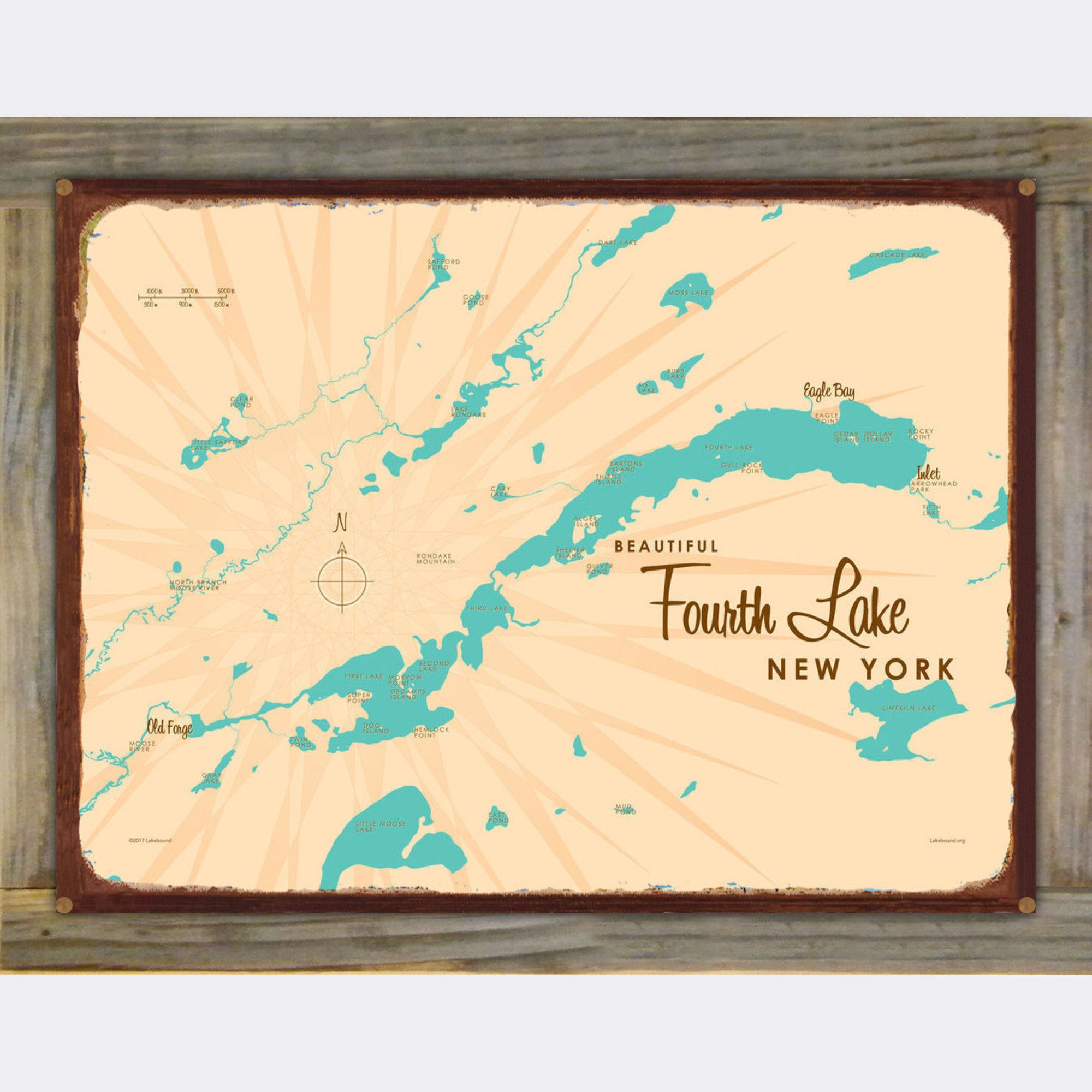 Fourth Lake New York (Herkimer County), Wood-Mounted Rustic Metal Sign Map Art
