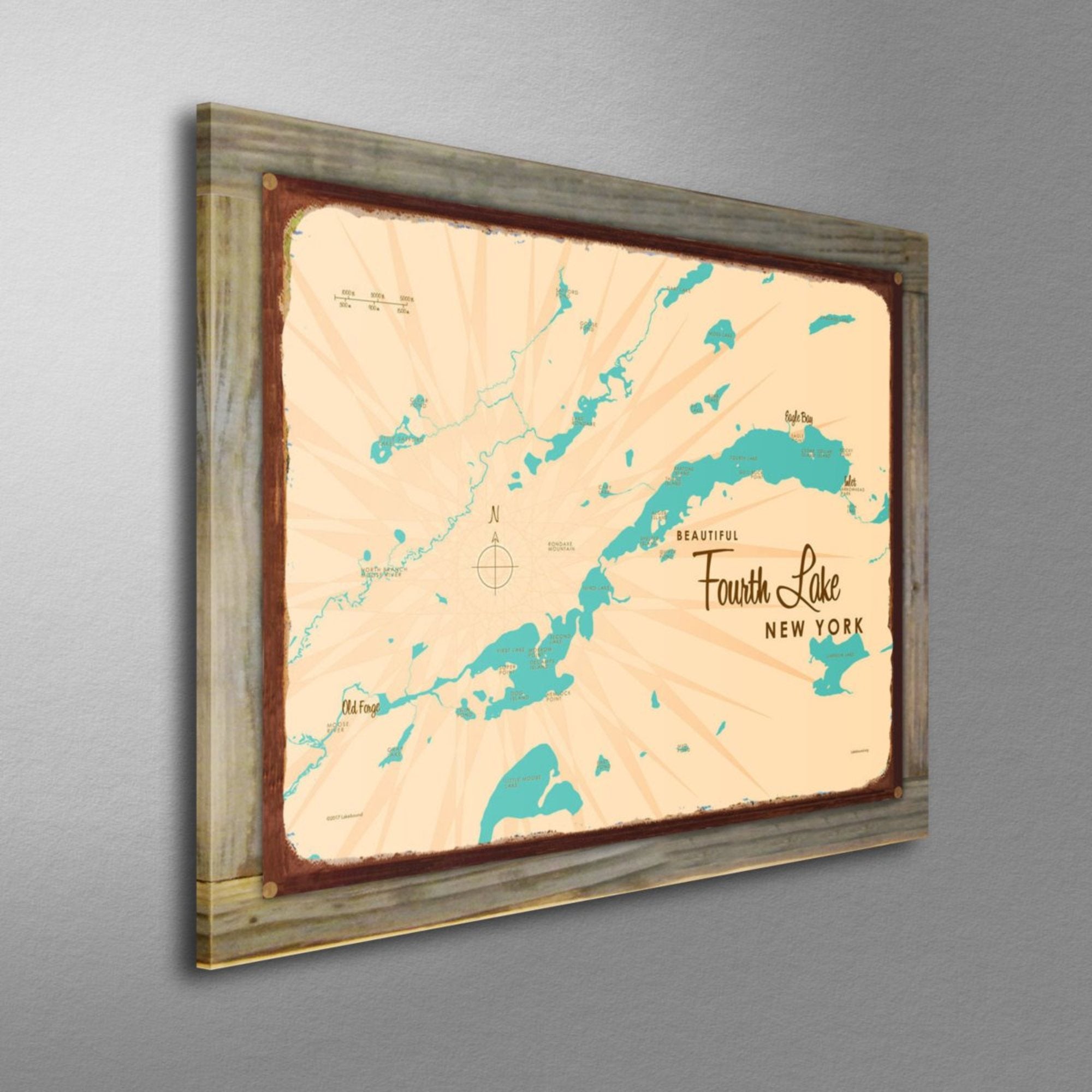 Fourth Lake New York (Herkimer County), Wood-Mounted Rustic Metal Sign Map Art
