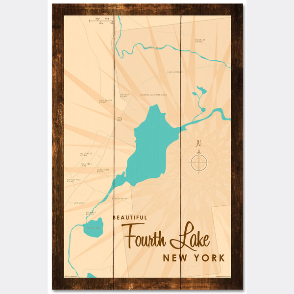 Fourth Lake NY (Warren County), Rustic Wood Sign Map Art