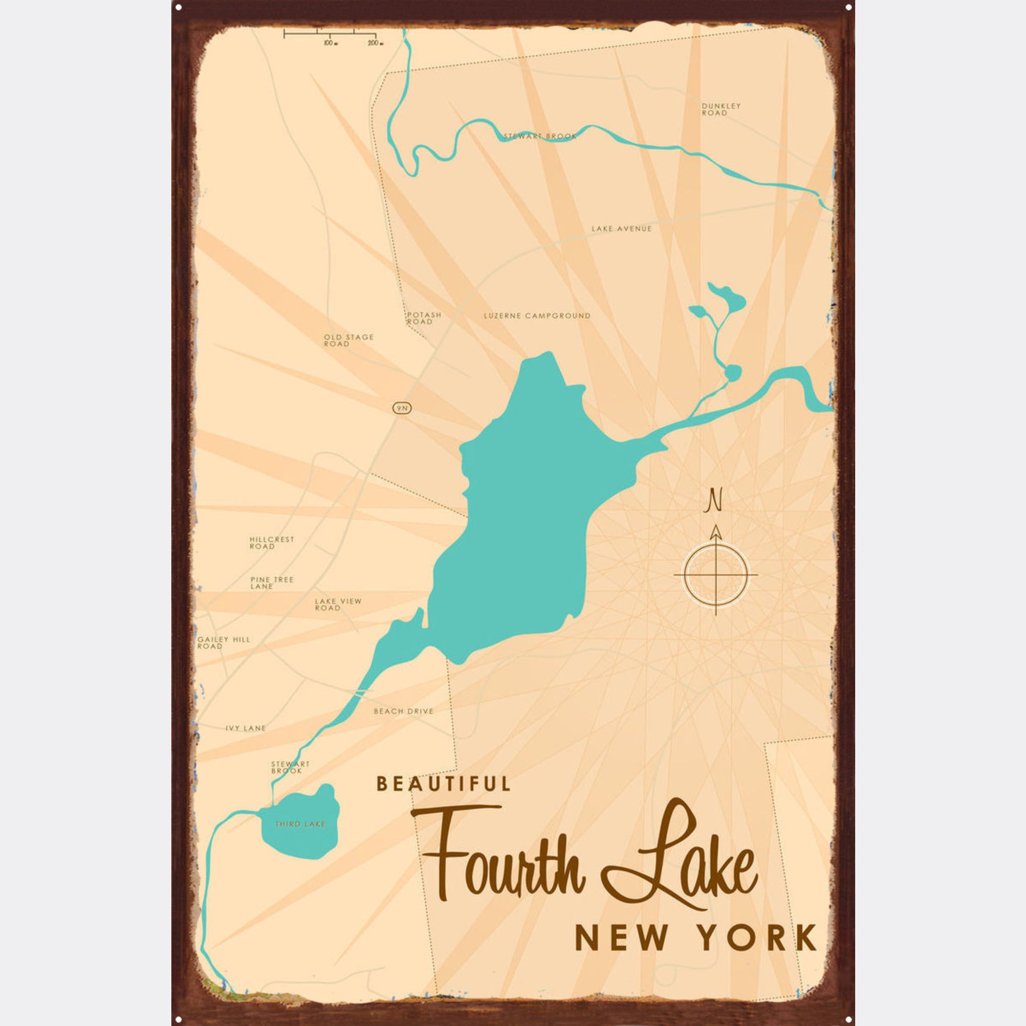 Fourth Lake New York (Warren County), Rustic Metal Sign Map Art