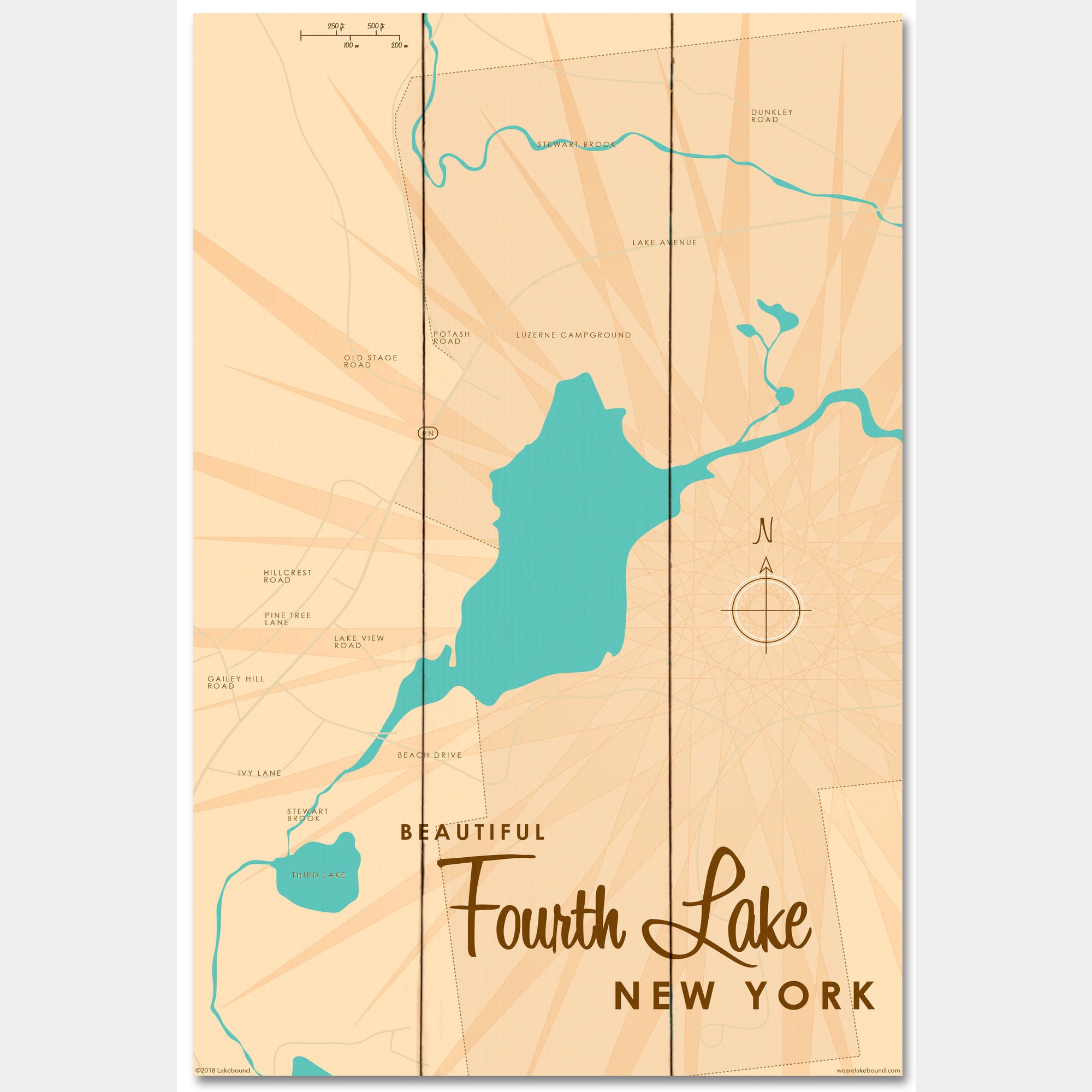 Fourth Lake NY (Warren County), Wood Sign Map Art